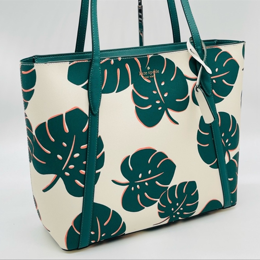 Kate Spade Cara Monstera Leaves Printed Refined Grain Leather Large Tote Bag - Picture 3 of 11